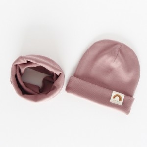 Nitki Kid's Fashion - Komplet czapka z kominem prążek Rainbow - Piaskowy róż "M" (Z3902)